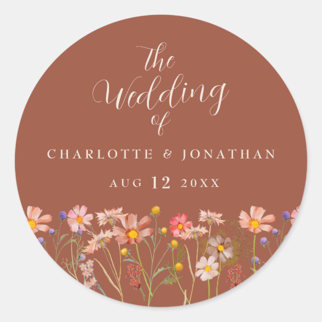 Wildflower Boho Fall Floral Terracotta Wedding Classic Round Sticker (Front)