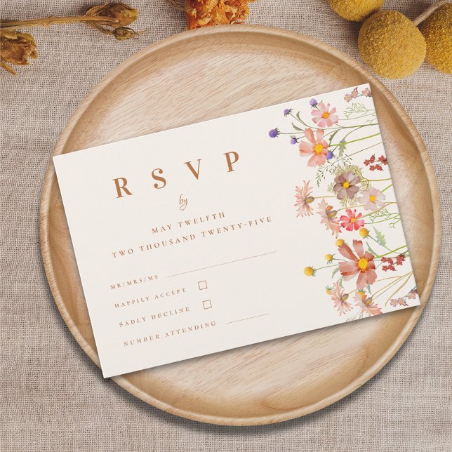 Wildflower Boho Fall Floral Terracotta Wedding RSVP Card (Boho fall Wildflower Wedding rsvp card terracotta burnt orange beige watercolor autumn flowers )