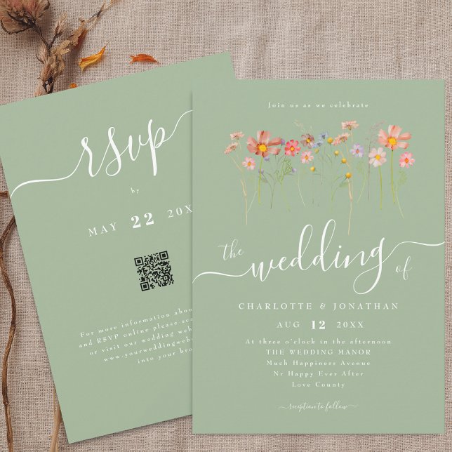 Wildflower Boho Fall Sage Green QR code Wedding Invitation (Boho fall Wildflower floral sage green Wedding qr code invitation Whimsical elegant modern script)