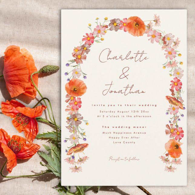 Wildflower Boho Fall Wedding Invitation (Watercolor floral arch wedding invitation )