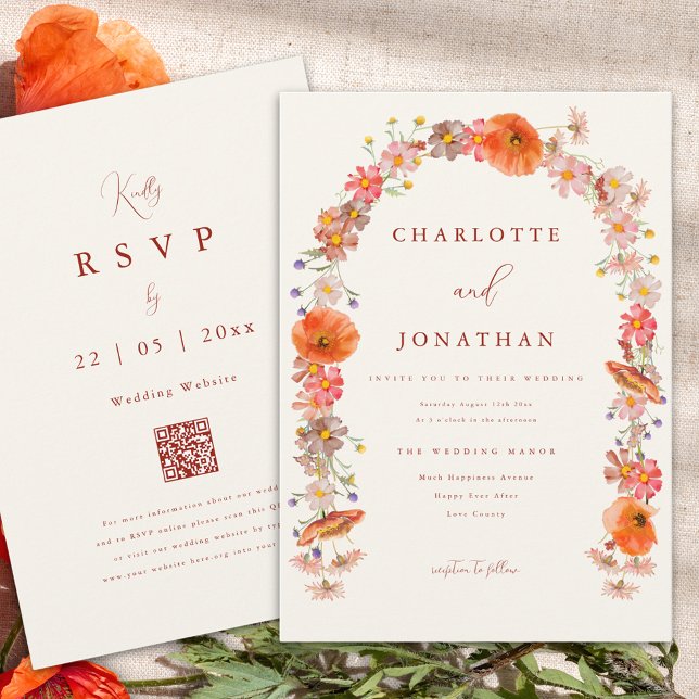 Wildflower Boho Fall Wedding Invitation (Boho wildflower arch fall wedding invitation orange qr code)