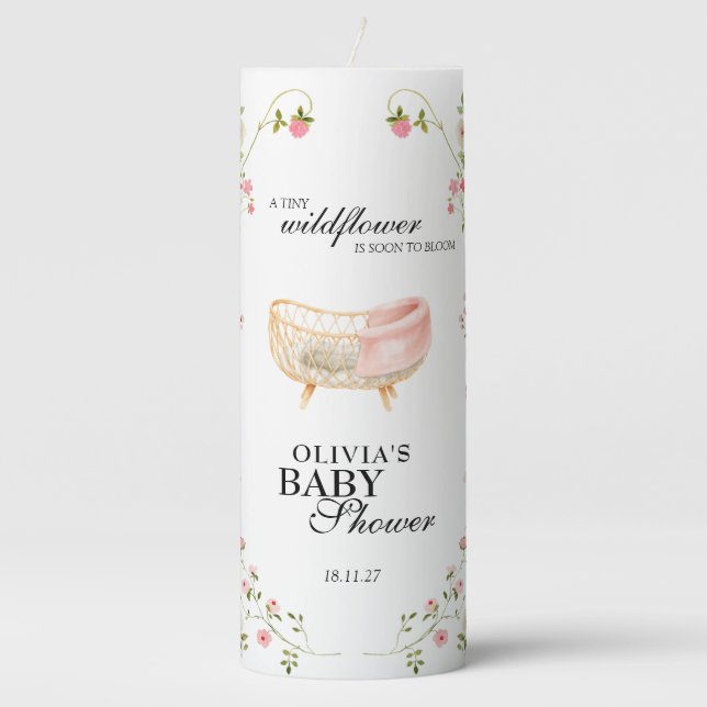 Wildflower Boho Floral Baby Shower Decor Souvenir Pillar Candle (Front)