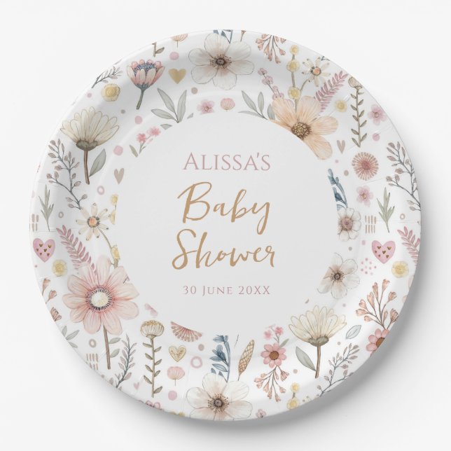 Wildflower Boho Floral  Baby Shower Paper Plates (Front)