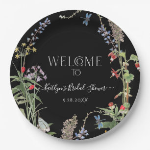 Wildflower Boho Floral Black Welcome Bridal Shower Paper Plates