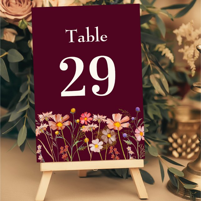 Wildflower Boho Floral Burgundy Terracotta Wedding Table Number (Wildflower boho fall floral burgundy terracotta Wedding table number card Garden meadow flowers)