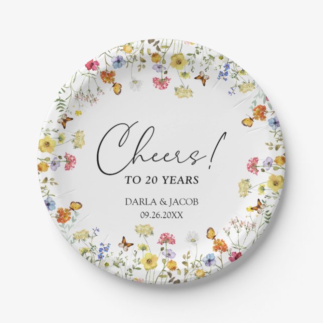Wildflower Boho Floral Cheers Wedding Anniversary Paper Plates (Front)
