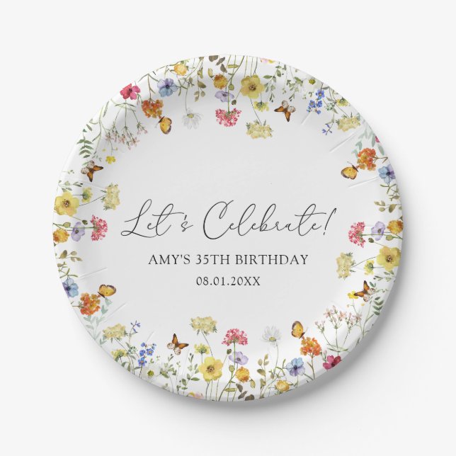 Wildflower Boho Floral Let's Celebrate Birthday Paper Plates (Front)