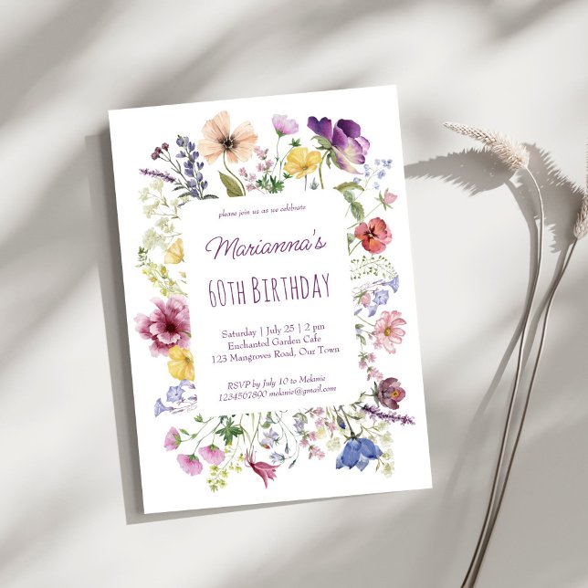 Wildflower boho flowers purple birthday party invitation (Wildflower boho flowers purple plum summer birthday party invitation template instant download)