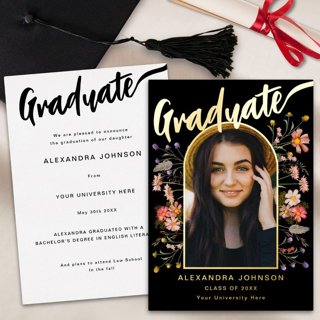 Wildflower Boho Graduate Photo Elegant Script Gold Foil Invitation (Boho floral arch graduate photo black and gold foil calligraphy graduation announcement card)