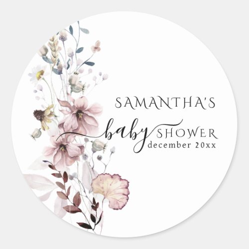 Wildflower boho minimal modern Baby Shower  Classic Round Sticker