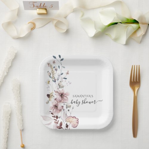 Wildflower boho minimal modern Baby Shower Paper Plates