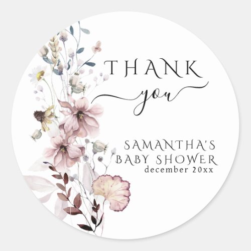 Wildflower boho minimal modern Baby Shower Thanks Classic Round Sticker