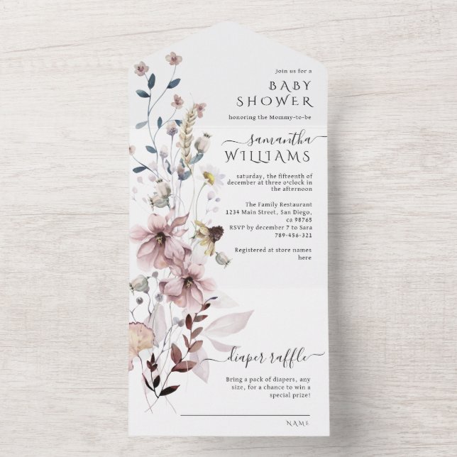 Wildflower boho minimalist modern Baby Shower All In One Invitation (Inside)