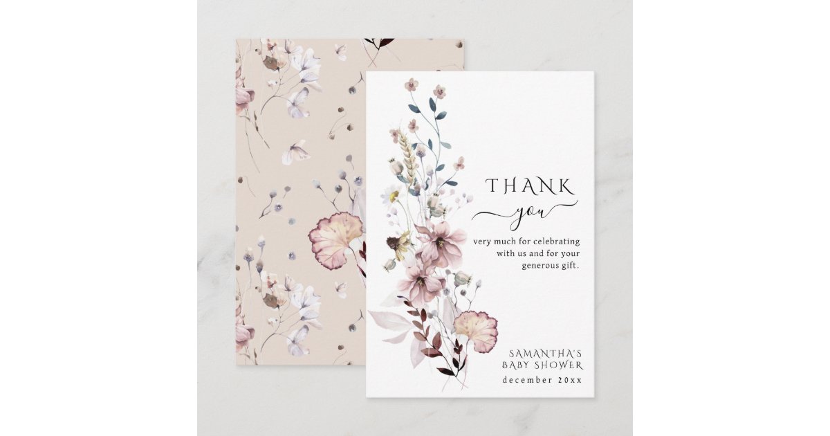 Wildflower boho minimalist modern Baby Shower Thank You Card | Zazzle