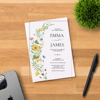 Wildflower Boho Minimalist Modern Meadow Wedding Acrylic Invitations