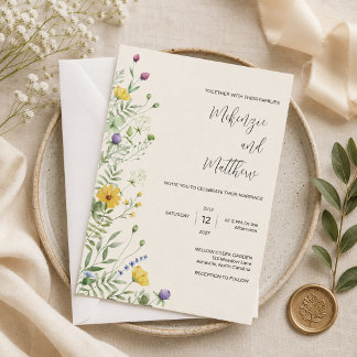 Wildflower Boho Minimalist Modern Meadow Wedding Invitation