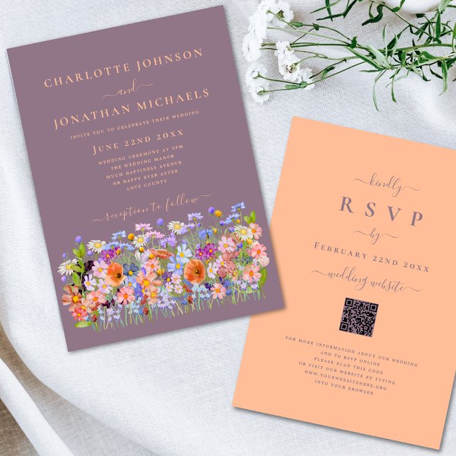 Wildflower Boho Peach Invitation (Boho chic wildflower watercolor floral wedding invitation peach fuzz typography calligraphy )