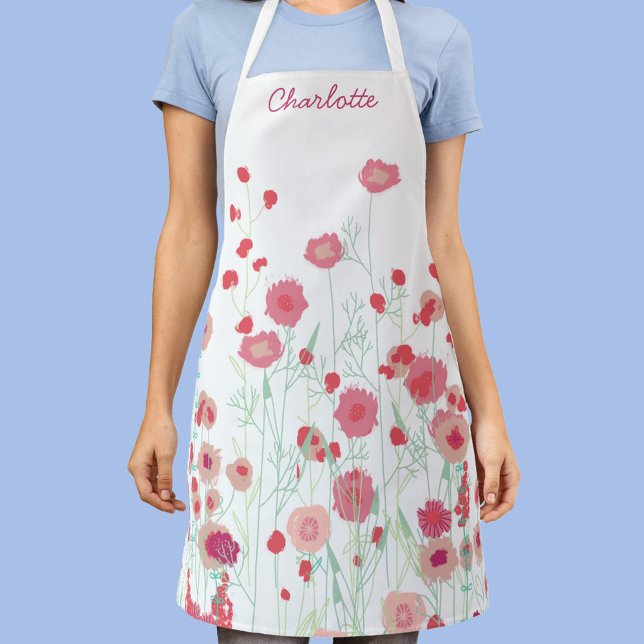Wildflower Boho Personalized Apron (Personalized custom name wildflower art pink, sage green and white apron)