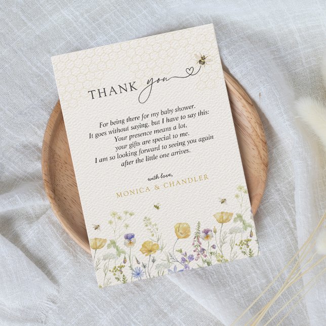 Wildflower Boho Rustic Bee Garden Cute Baby Shower Thank You Card (Bee Meadow Wildflowers Mama to Bee Baby Shower Thank You Card Floral Garden Watercolor Minimalist)