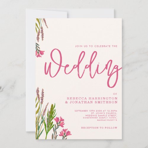 Wildflower Boho Rustic Pink Wedding Invitation