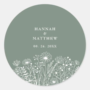Wildflower  Boho Sage Green Wedding Classic Round Sticker