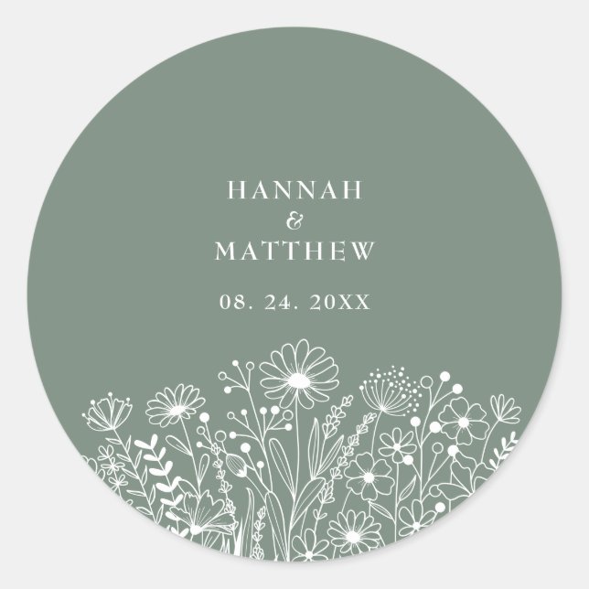 Wildflower  Boho Sage Green Wedding Classic Round Sticker (Front)