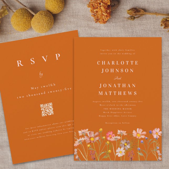 Wildflower Boho Terracotta Burnt Orange Qr Code Invitation (Wildflower boho fall burnt orange rust terracotta blush pink qr code Wedding Invitation watercolor  )