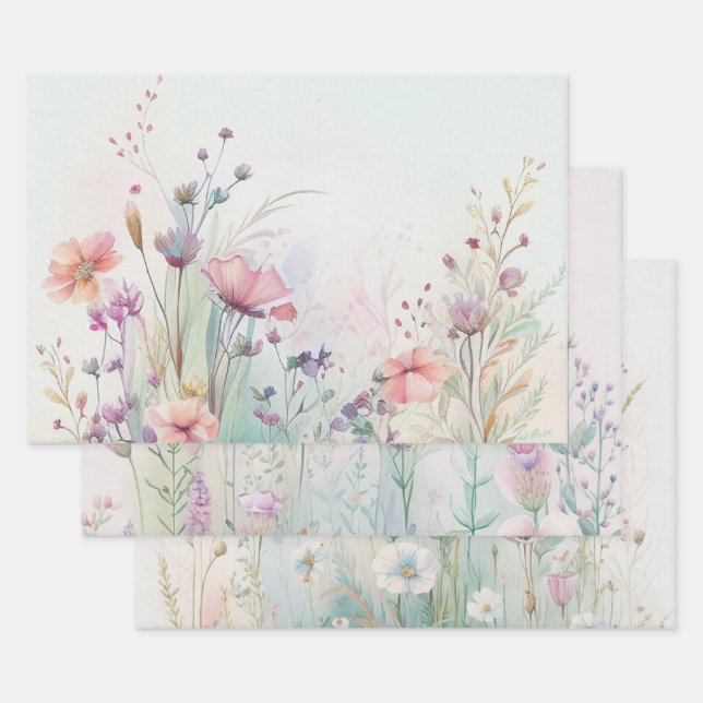 Wildflower Boho Watercolor Bridal Shower Birthday  Wrapping Paper Sheets (Set)