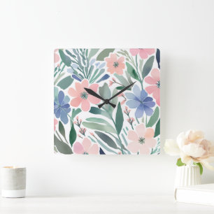 Wildflower Boho Watercolor Floral Pastel Decor Square Wall Clock