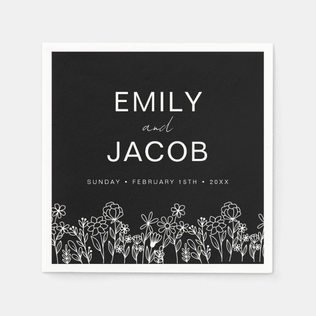 Wildflower Boho Wedding In Bloom Black Napkins (Front)