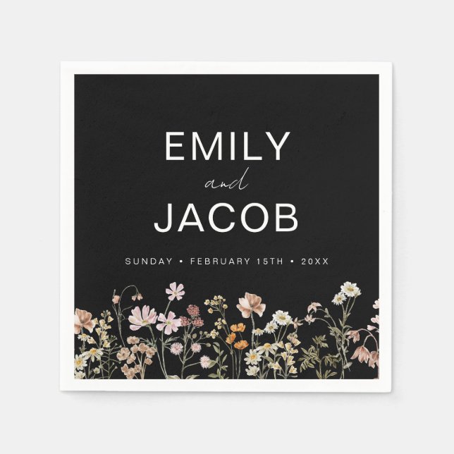Wildflower Boho Wedding In Bloom Black Napkins (Front)