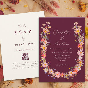 Wildflower Boho Wreath Burgundy Fall Wedding Invitation