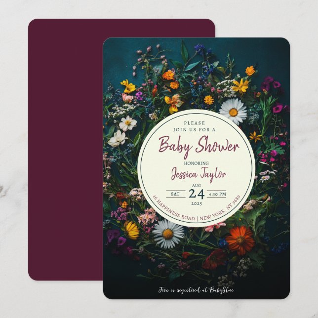 Wildflower Boho Wreath Circle Baby Shower Invitation (Front/Back)