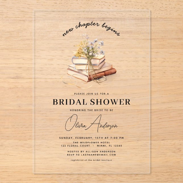 Wildflower Book New Chapter Begins Bridal Shower Acrylic Invitations (Front)