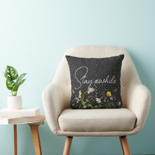 Wildflower Border On Polka Dots Throw Pillow