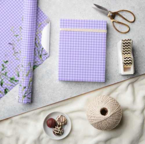 Wildflower Border On Purple Gingham Wrapping Paper