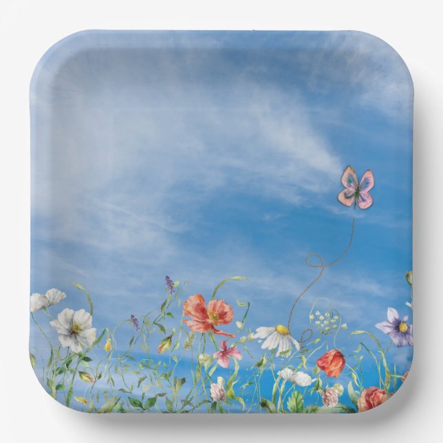 Wildflower Border On Summer Sky Paper Plates (Front)