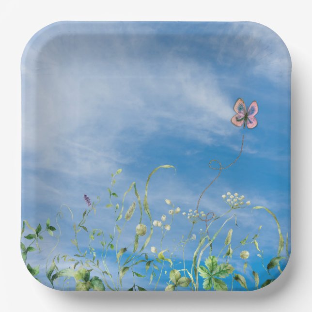 Wildflower Border On Summer Sky Paper Plates (Front)