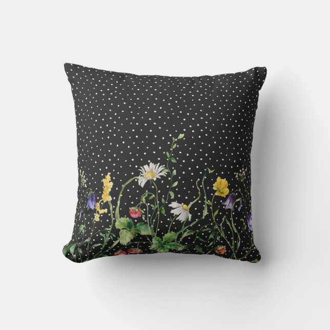 Wildflower Border On Swiss Dots Throw Pillow (Front)