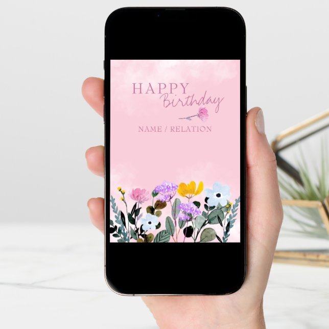 Wildflower Border Pink Watercolor Birthday Card (Front Digital)