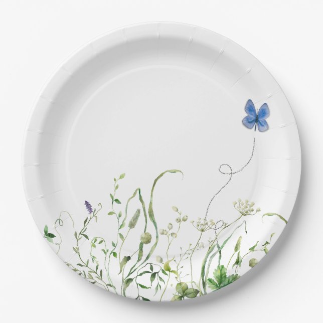 Wildflower Border With Blue Butterfly Paper Plates (Front)