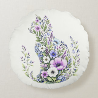 Wildflower Botanical Cat Silhouette Round Pillow