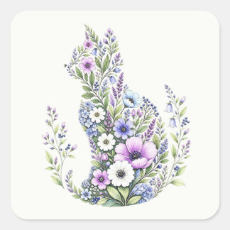 Wildflower Botanical Cat Silhouette Square Sticker