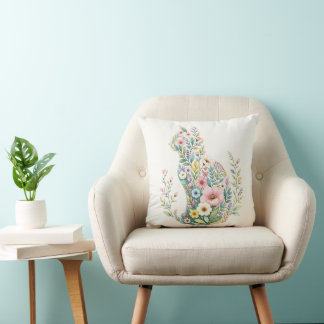 Wildflower Botanical Cat Silhouette Throw Pillow