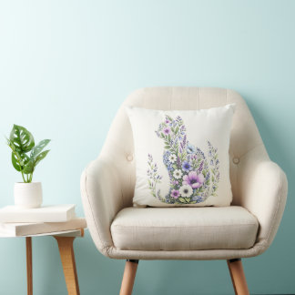 Wildflower Botanical Cat Silhouette Throw Pillow