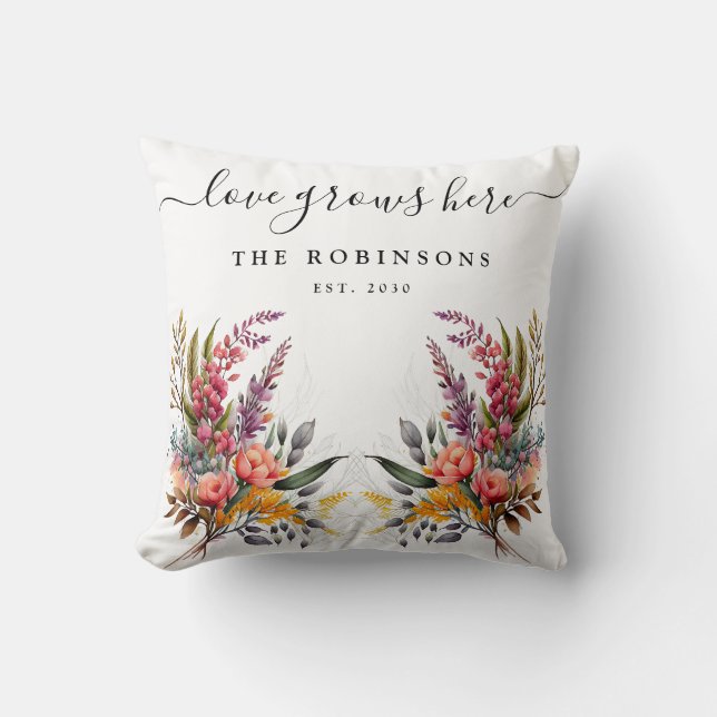 Wildflower Botanical Floral Love Grows Here  Throw Pillow (Front)