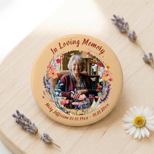 Wildflower Botanical Memorial Remembrance Photo Button (Colorful wildflower memorial photo pin for a grieving family to wear at a spring celebration of life)