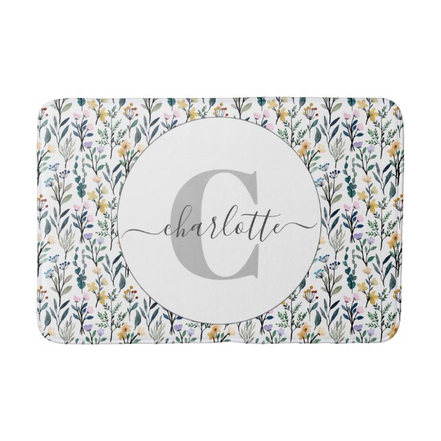 Wildflower Botanical Monogram Personalized Name Bath Mat (Front)