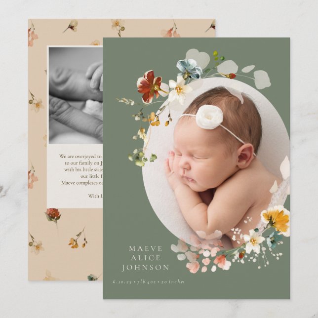 Wildflower Botanical Oval Photo Birth Announcement (Front/Back)