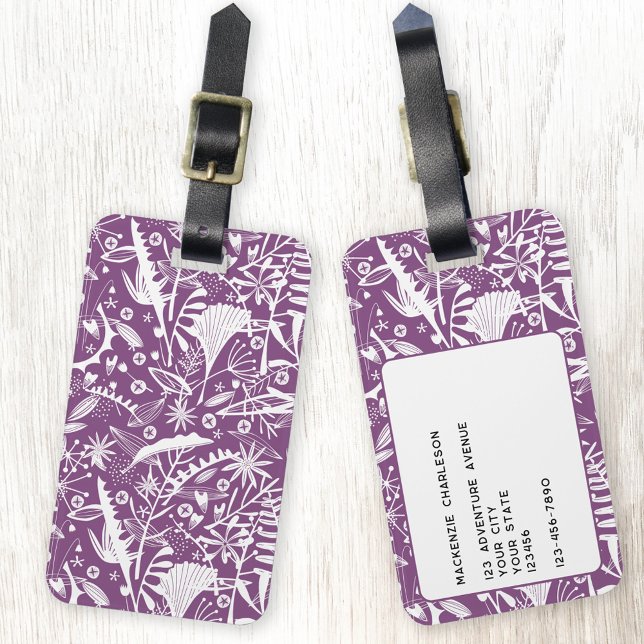 Wildflower Botanical Plum Purple Personalized Luggage Tag (Botanical purple and white pattern personalized luggage tag for plant lovers)